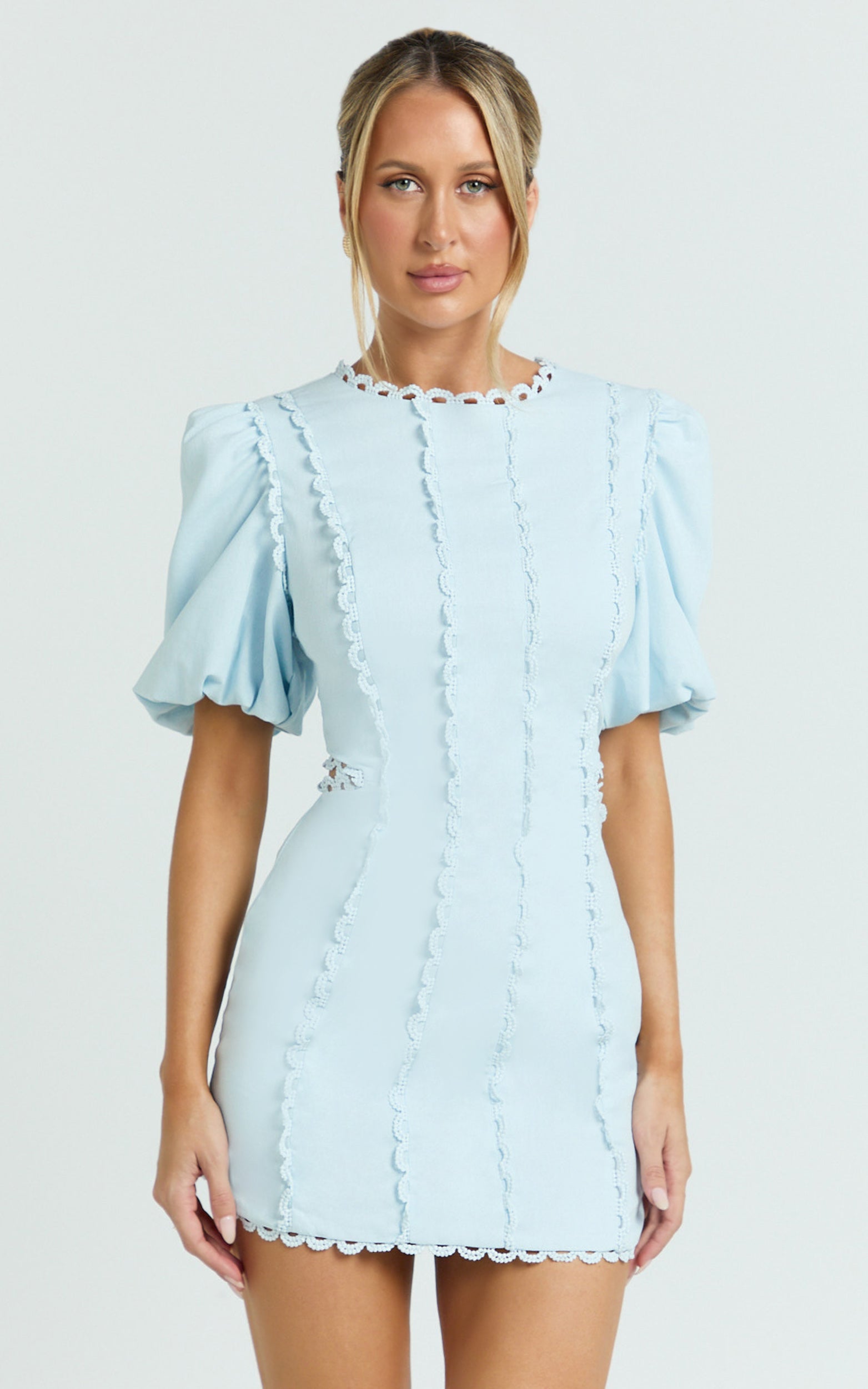 Laila Mini Linen Blend Dress - High Neck Side Cut Out Puff Sleeve Straight Dress in Blue