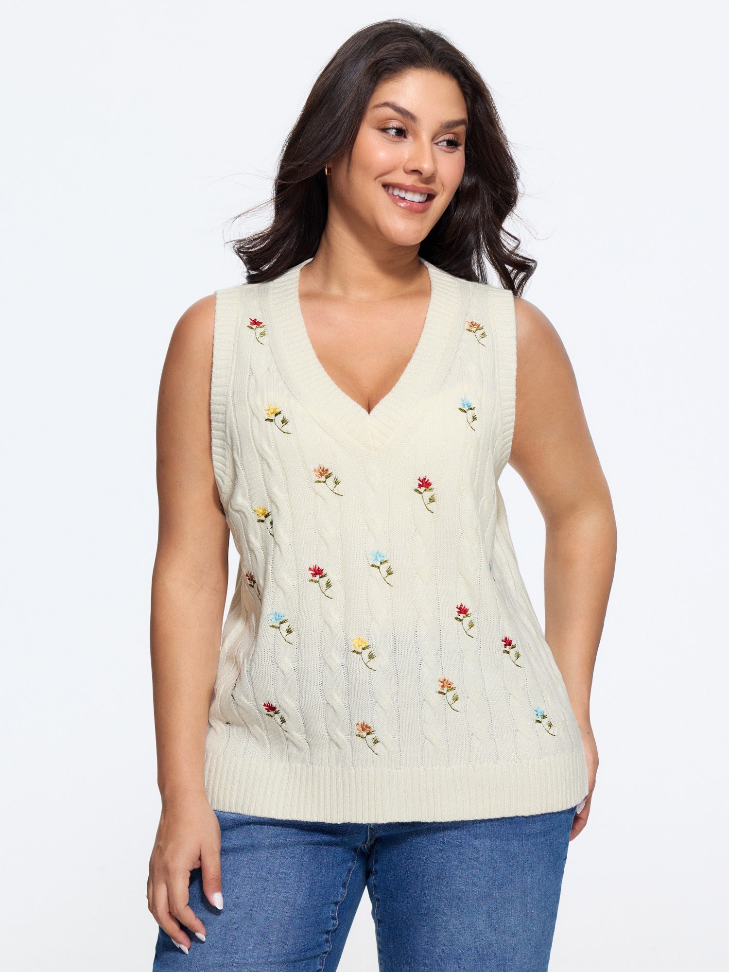 Floral Embroidery V‑Neck Cable Knit Sweater Vest