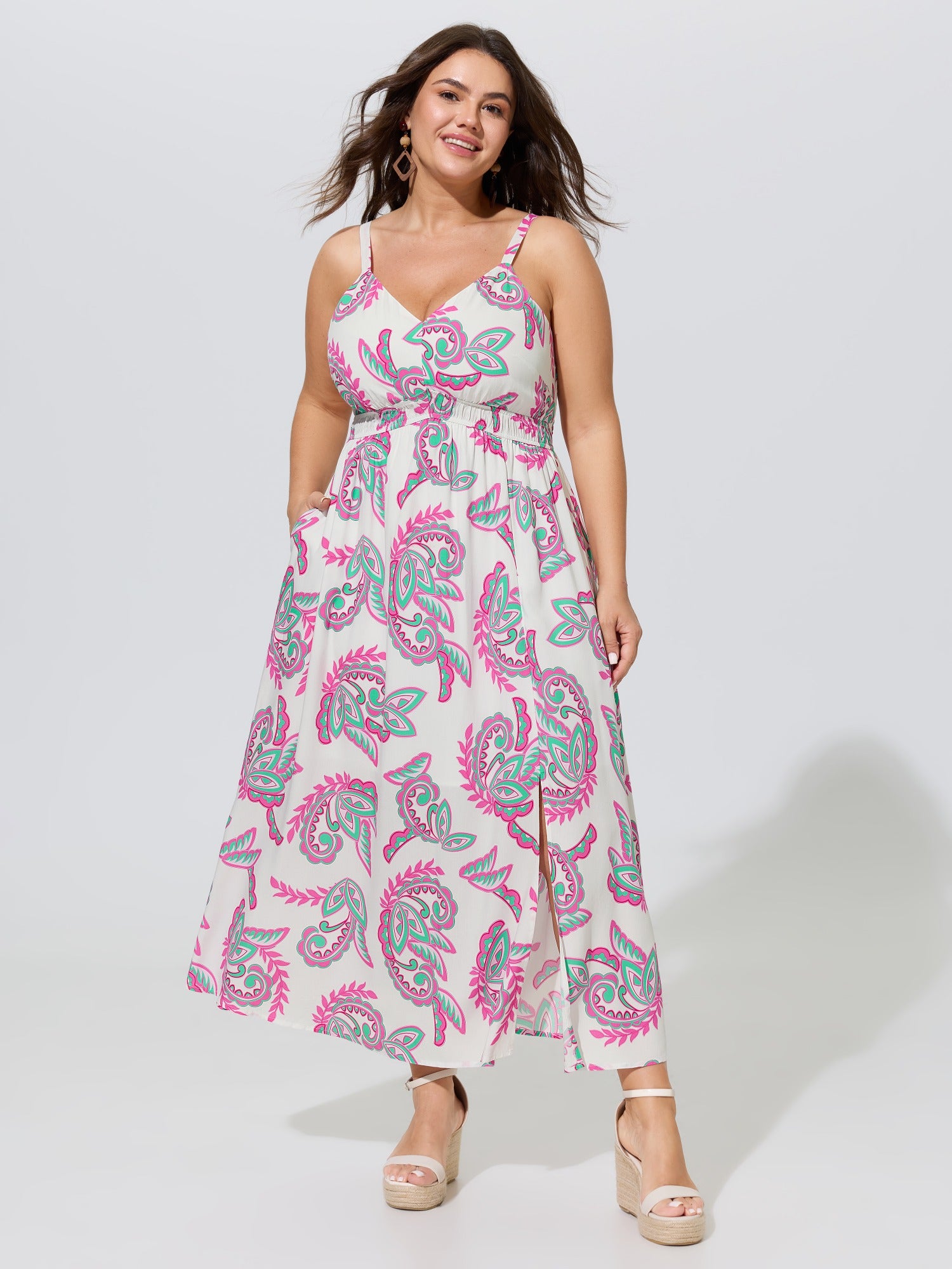 Supersoft Paisley Print Shirred Waist Adjustable Strap Maxi Dress