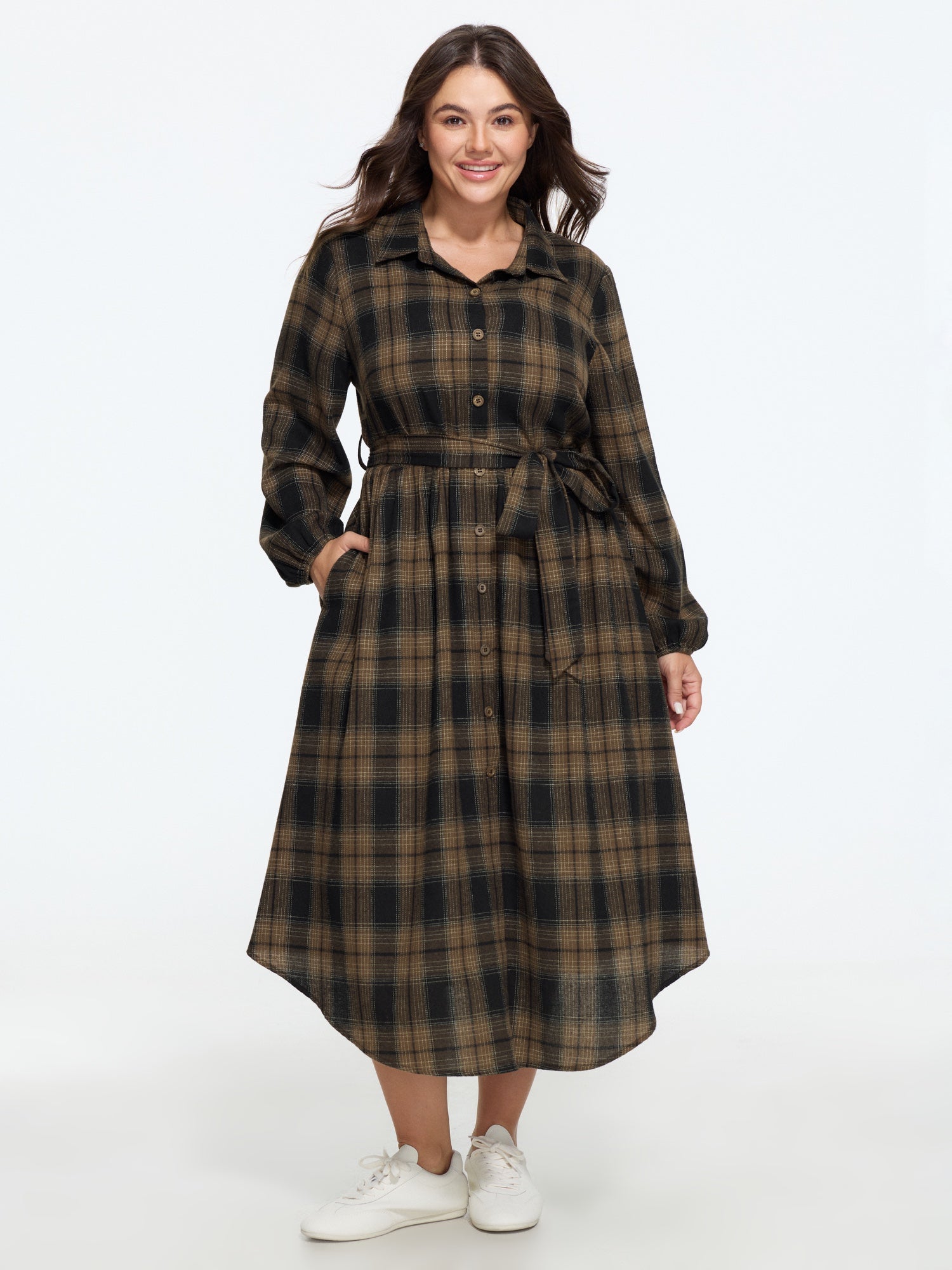 Plaid Button Detail Pocket Belted Arc Hem Midi Dress