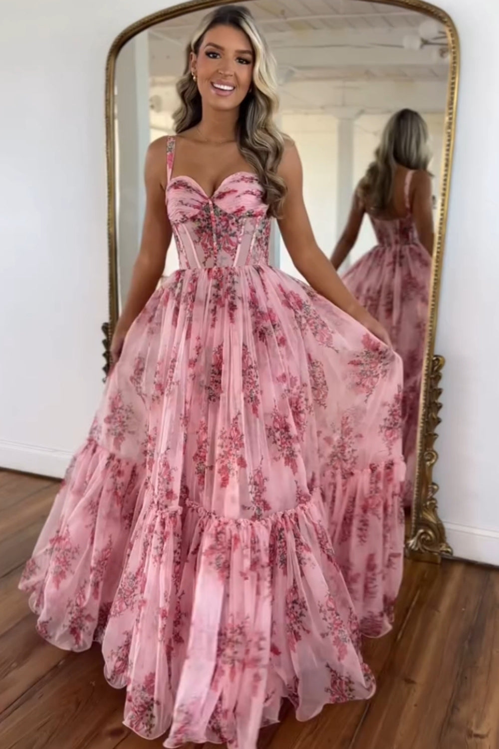 Long A-Line Corset Prom Dress with Blush Floral Print and Spaghetti Straps