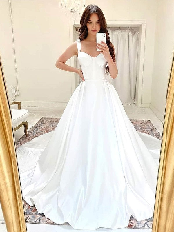 Fashionable V-Neck Sleeveless Satin Ball Gown Wedding Dresses