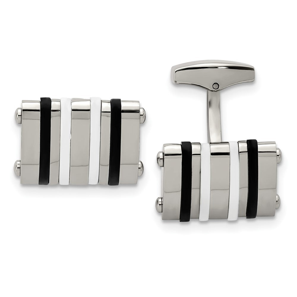 Stainless Steel, Black & White Rubber Rectangle Cuff Links, 21 x 14mm