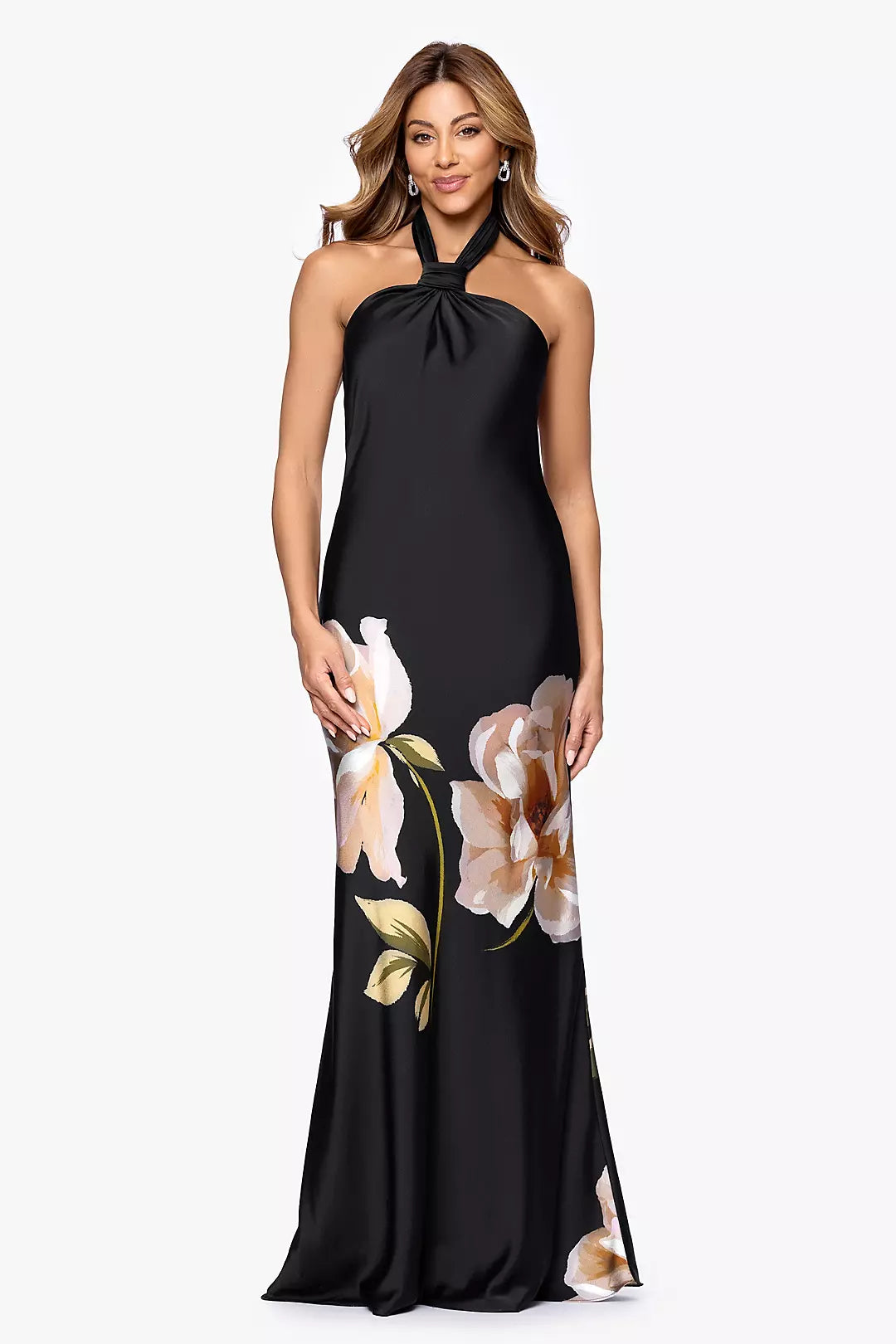 Floral Print Charmeuse Halter Neck Sheath Dress