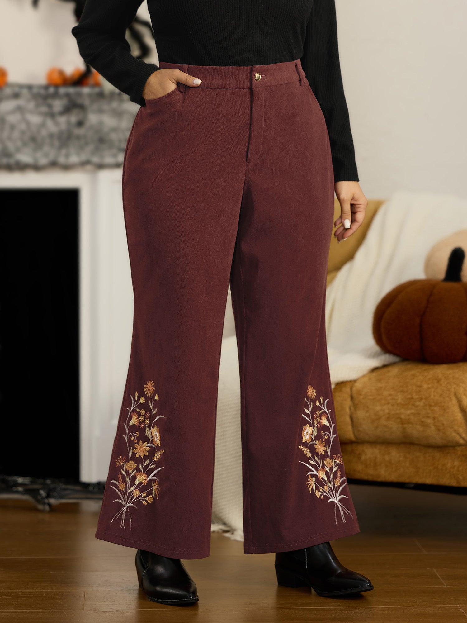 Stretch Floral Embroidery Hem Corduroy Pants