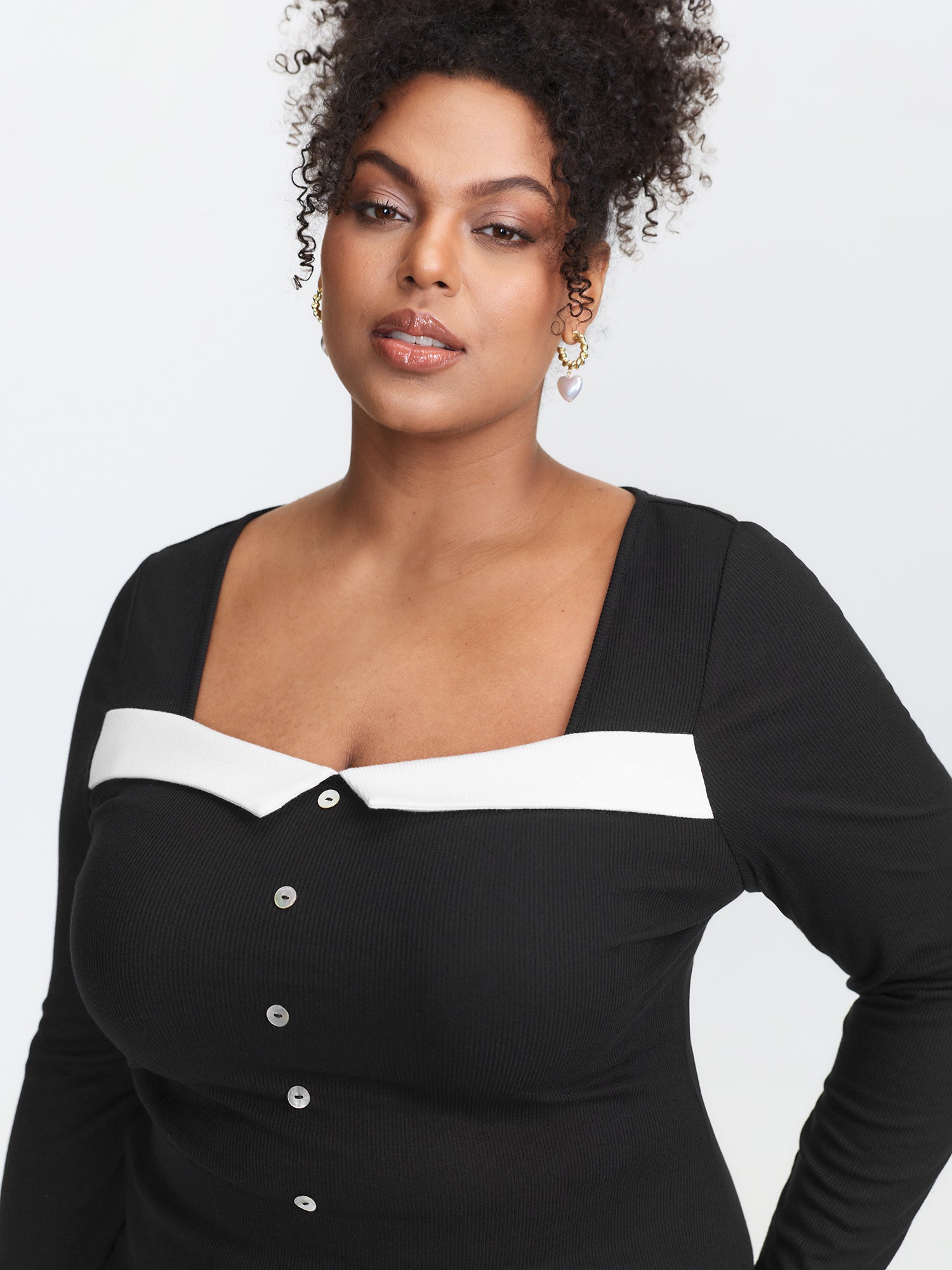 Ribbed Button Front Color Contrast Knit Top