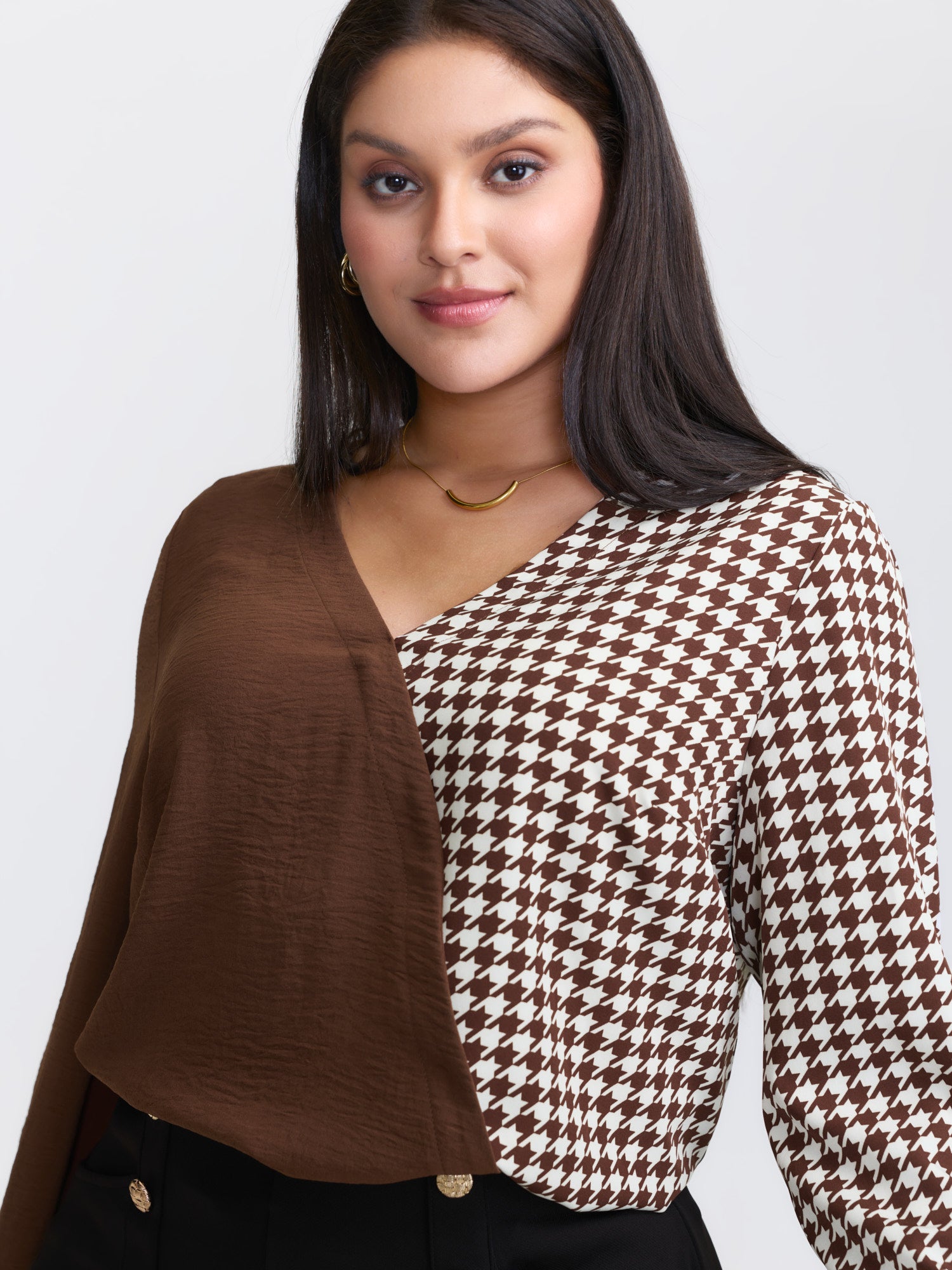 Checkered Contrast Button V-Neck Blouse
