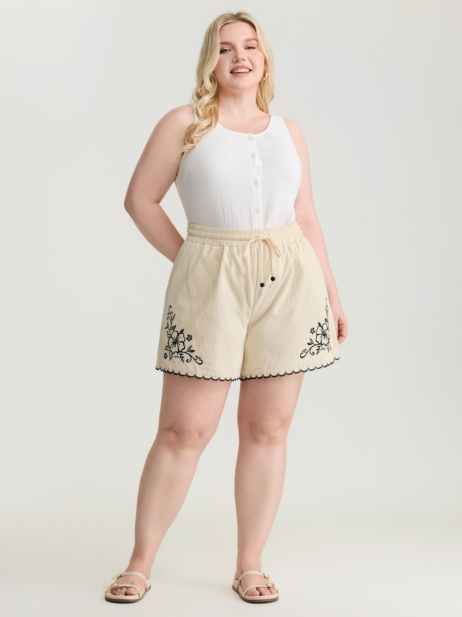 Pure Cotton Embroidered Hem Drawstring Shorts