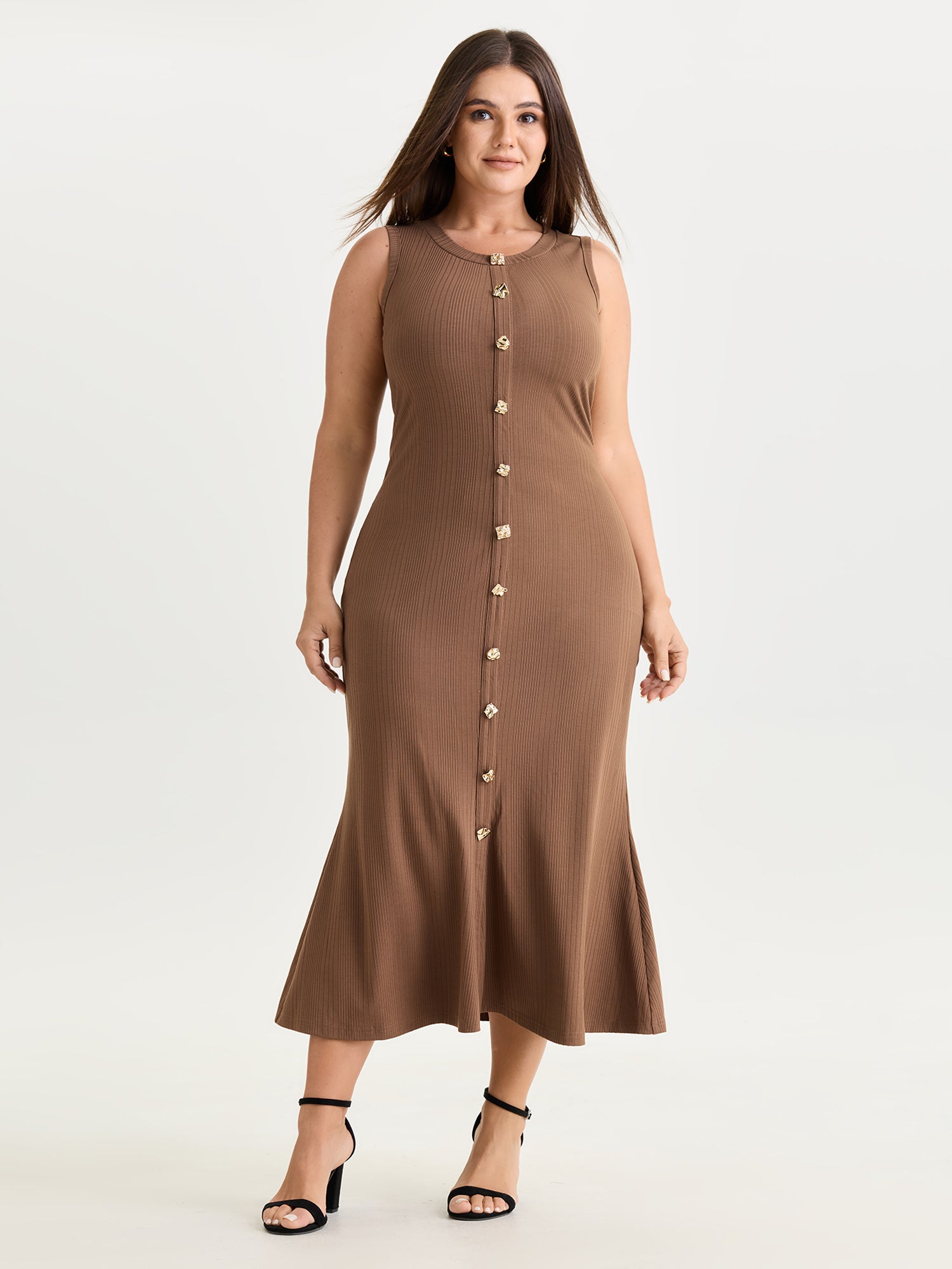Textured Button-Detail Fitted Knit Midi Dress