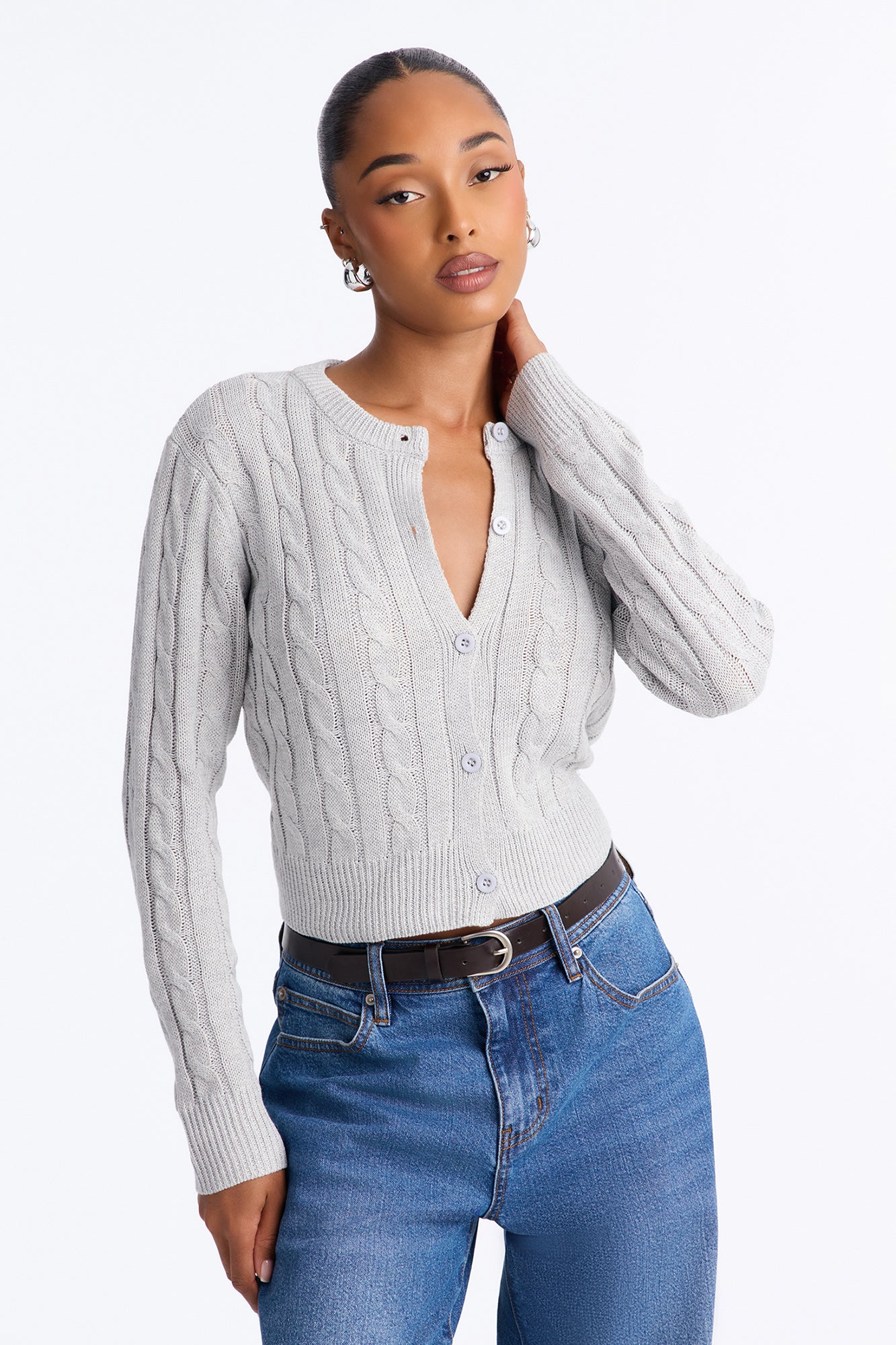Vintage Feeling Cable Knit Cardigan - Heather Grey