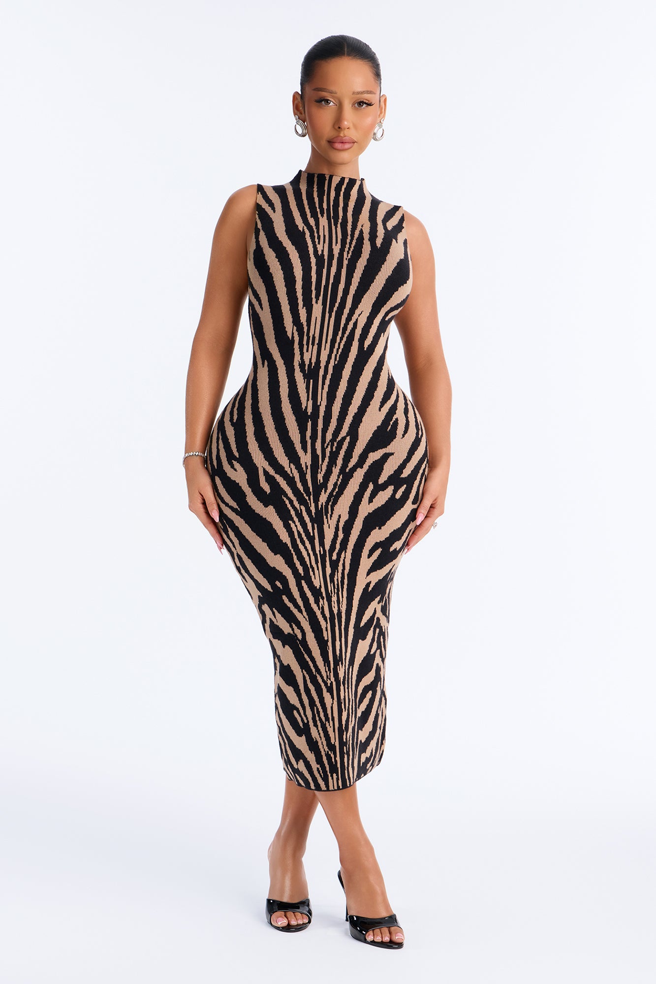 Mimi Mock Neck Animal Sweater Midi Dress - Nude/combo