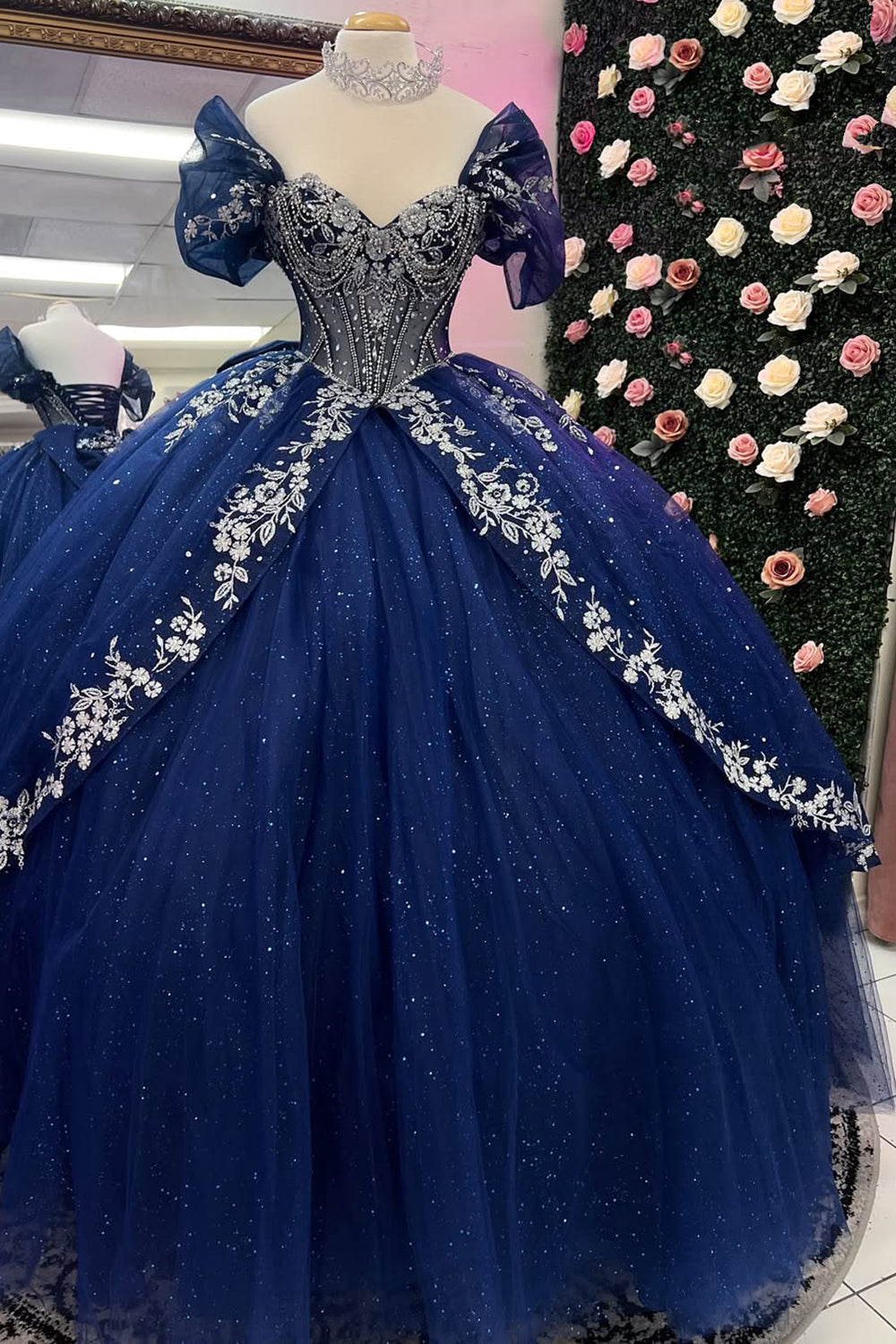 Navy Sparkle Princess Quinceanera Dress with Off-Shoulder Beaded Tulle Applique