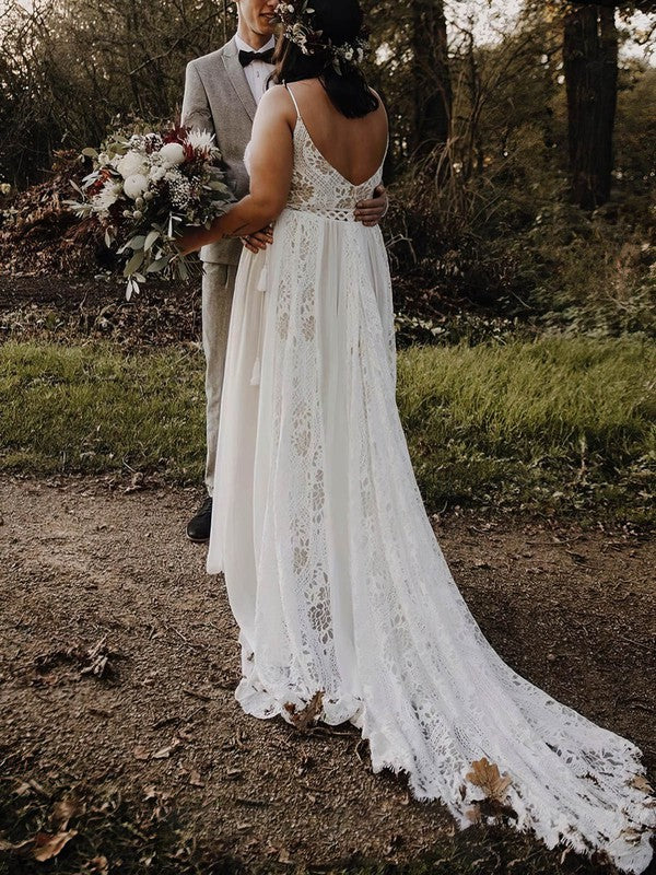 Fashionable A-Line V-Neck Spaghetti Straps Lace Chiffon Sweep Train Wedding Dresses