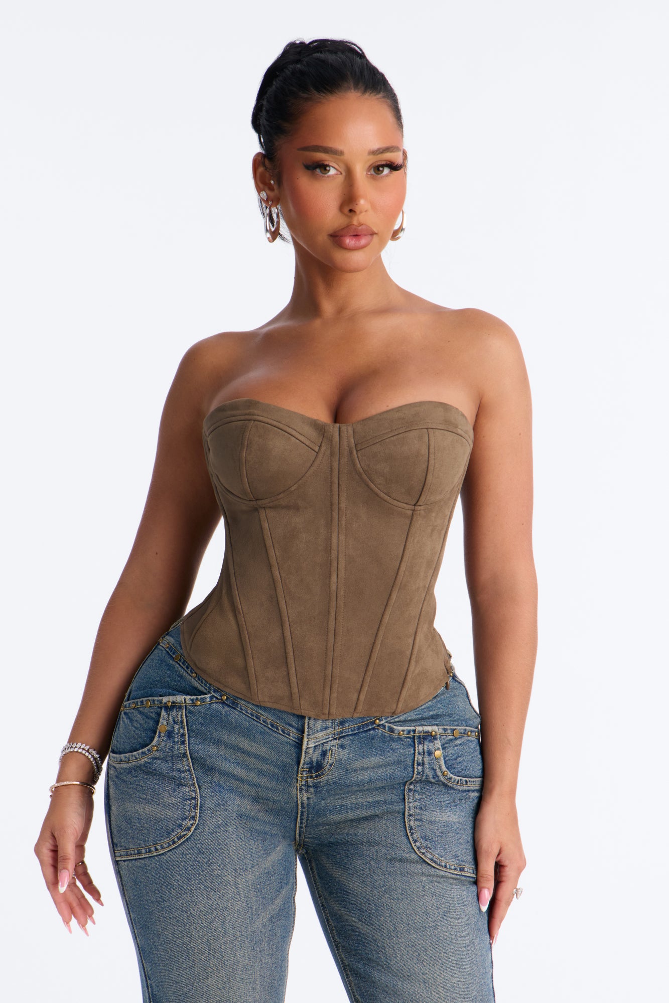 Never Left Faux Suede Corset Top - Brown