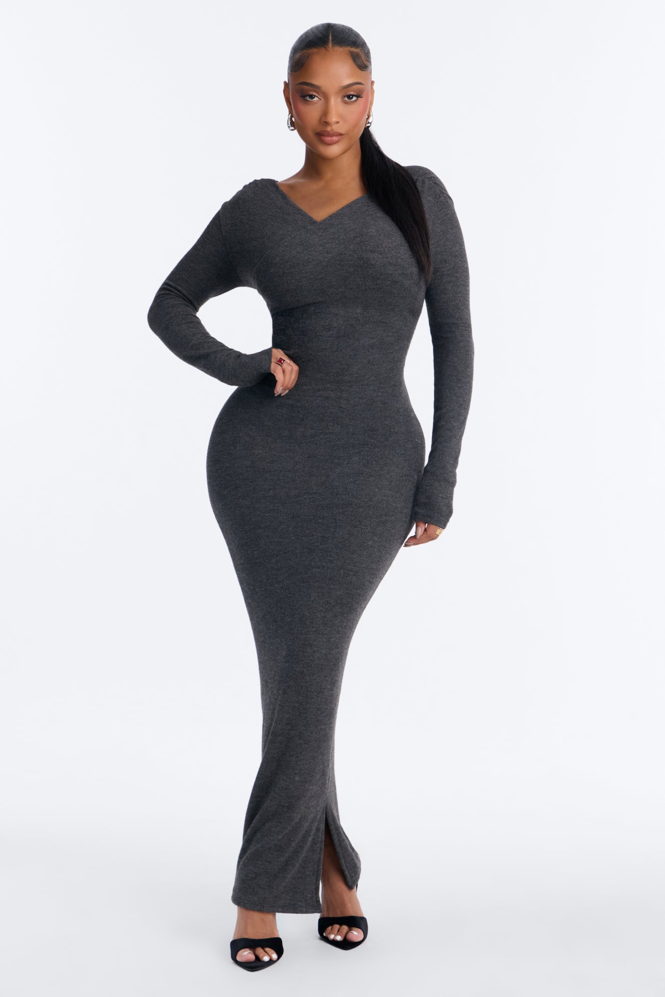 Double Take Long Sleeve Maxi Dress - Charcoal
