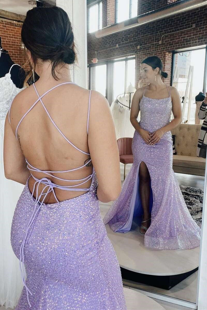 Shallow Purple Spaghetti Strap Sequins Backless Slit Mermaid Evening Dress