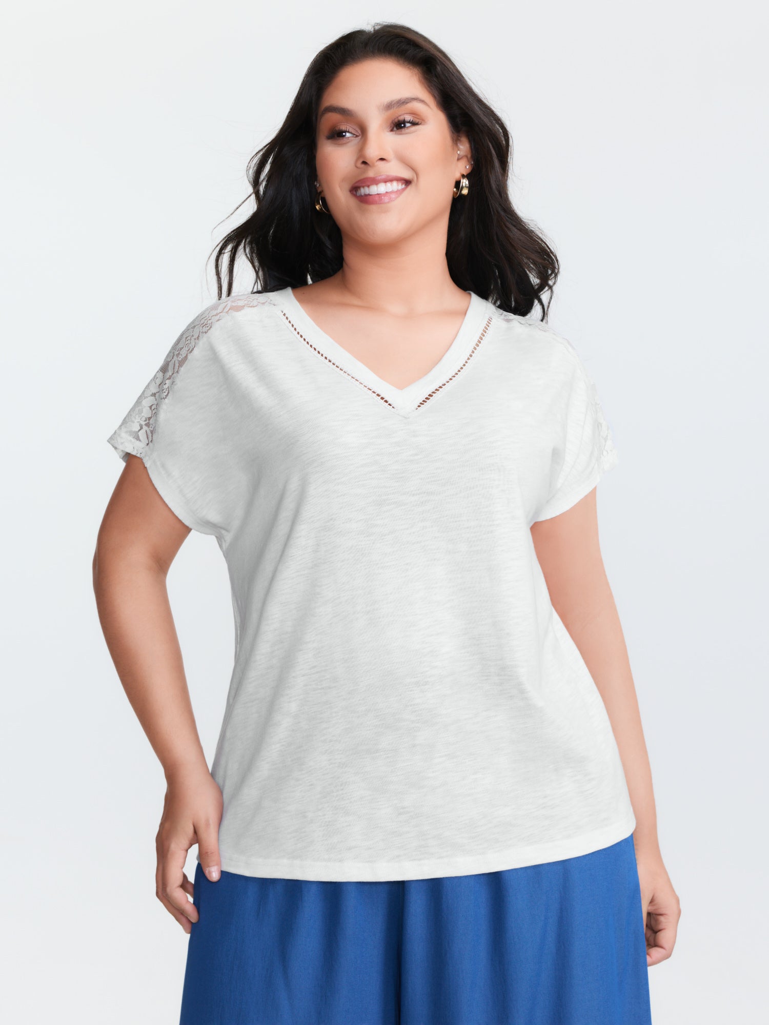 Supersoft Sheer Lace Shoulder V-Neck T-Shirt