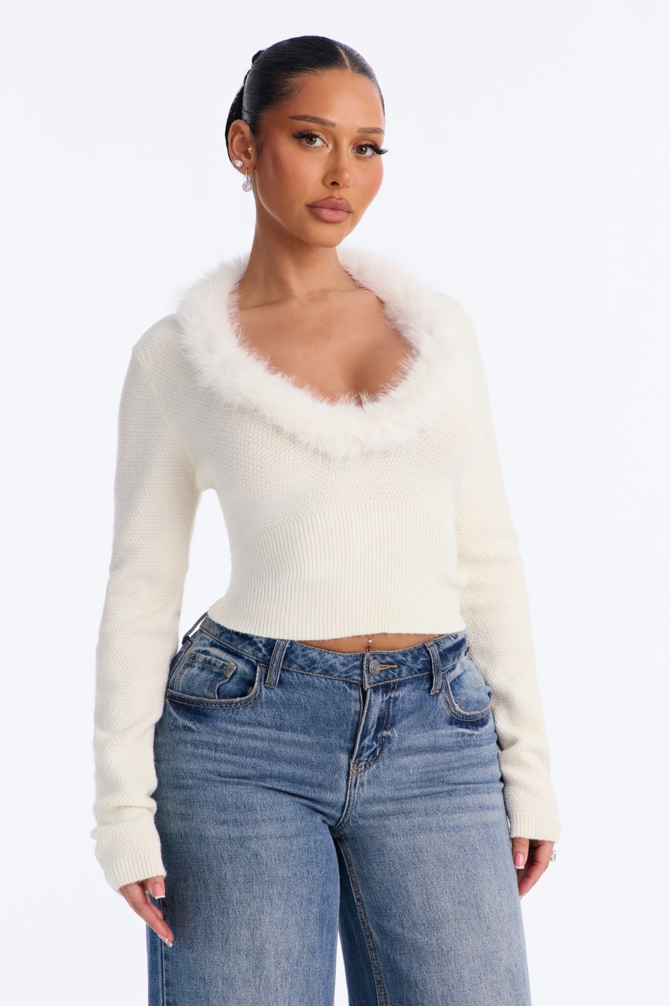 Julie Faux Fur Scoop Neck Pullover Sweater - Cream
