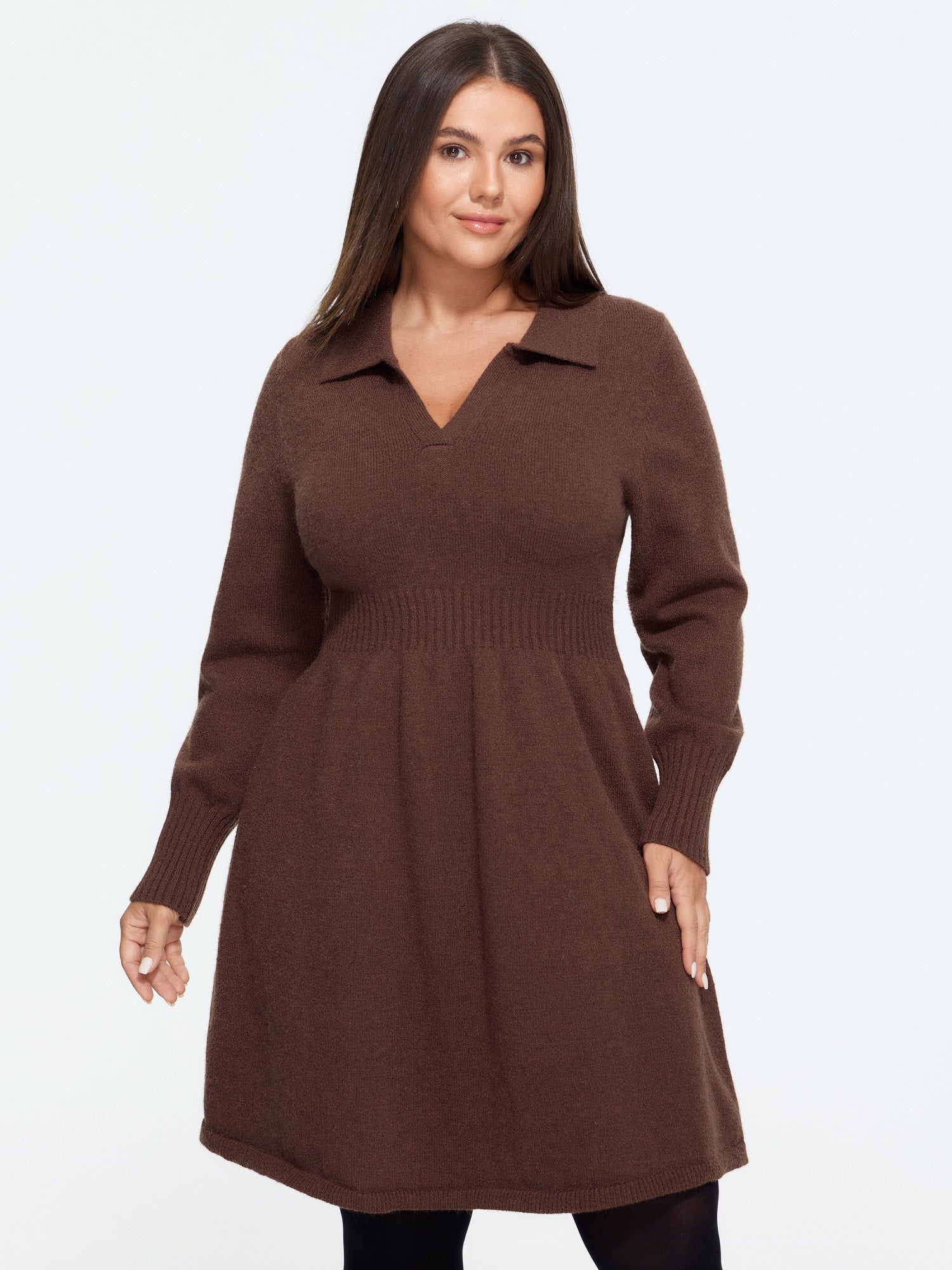 Plain Polo Collar Ribbed Waist Sweater Dress