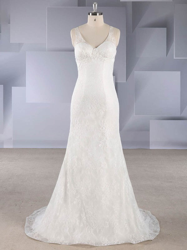 Beautiful Sheath Sleeveless V-Neck Lace Sweep Train Wedding Dresses