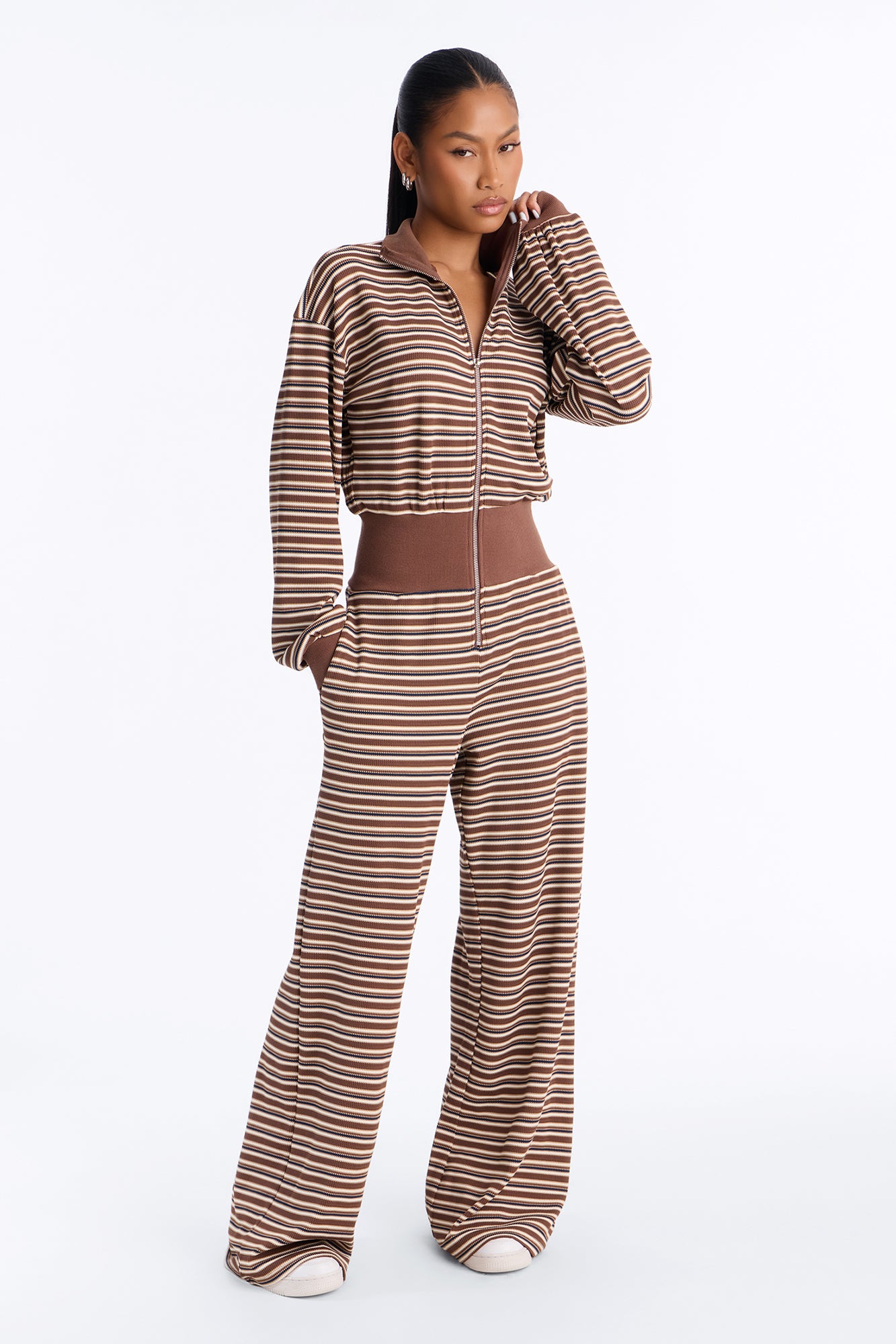 Catching Flights And Feelings Striped Waffle Jumpsuit - Brown