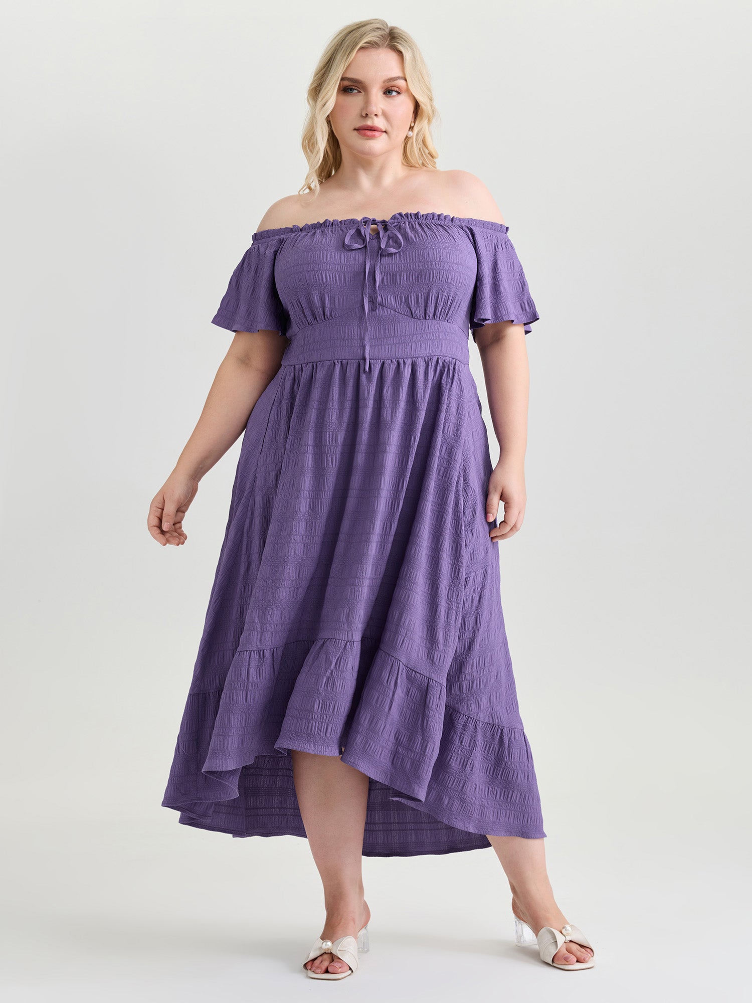 Off-Shoulder Shirred High Low Hem Midi Dress