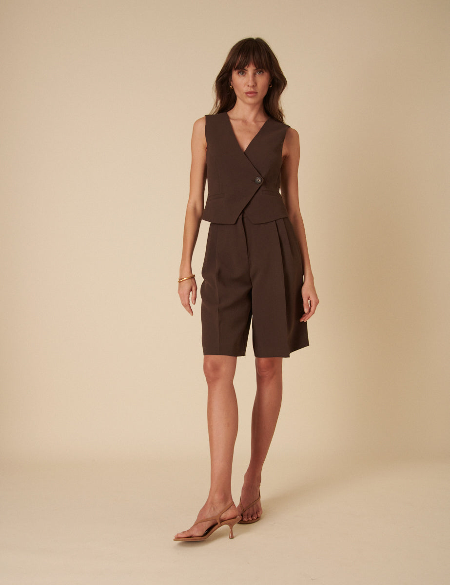 Chocolate Brown Double Pleated Bermuda Shorts