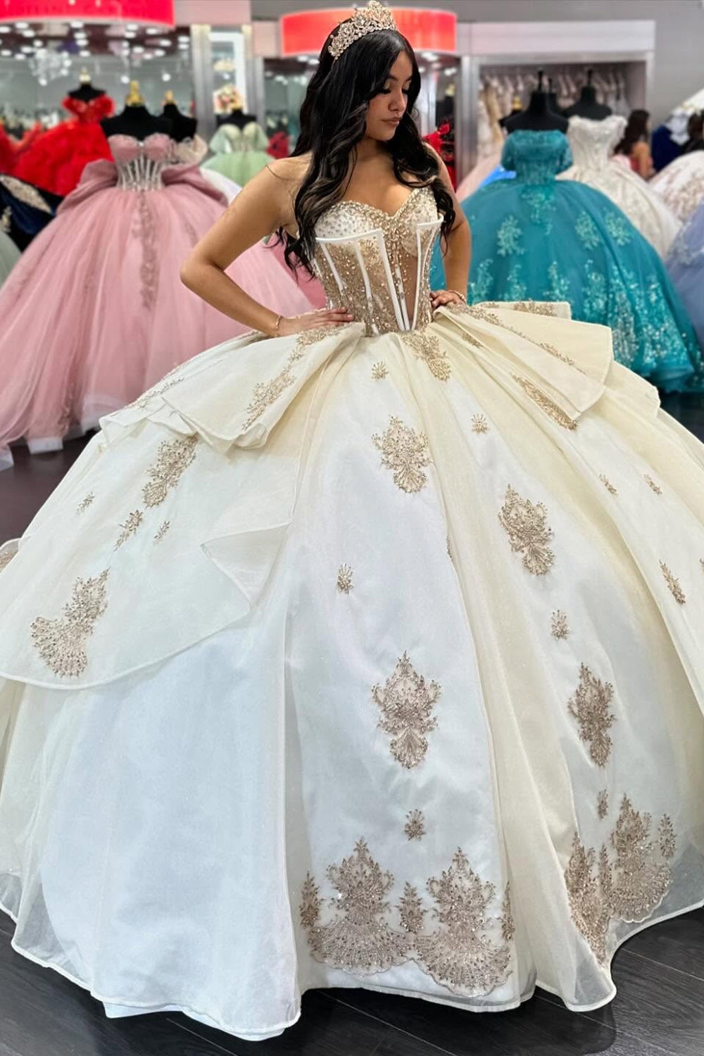 Sweetheart Beaded Ball Gown in Apricot Tulle for Quinceanera