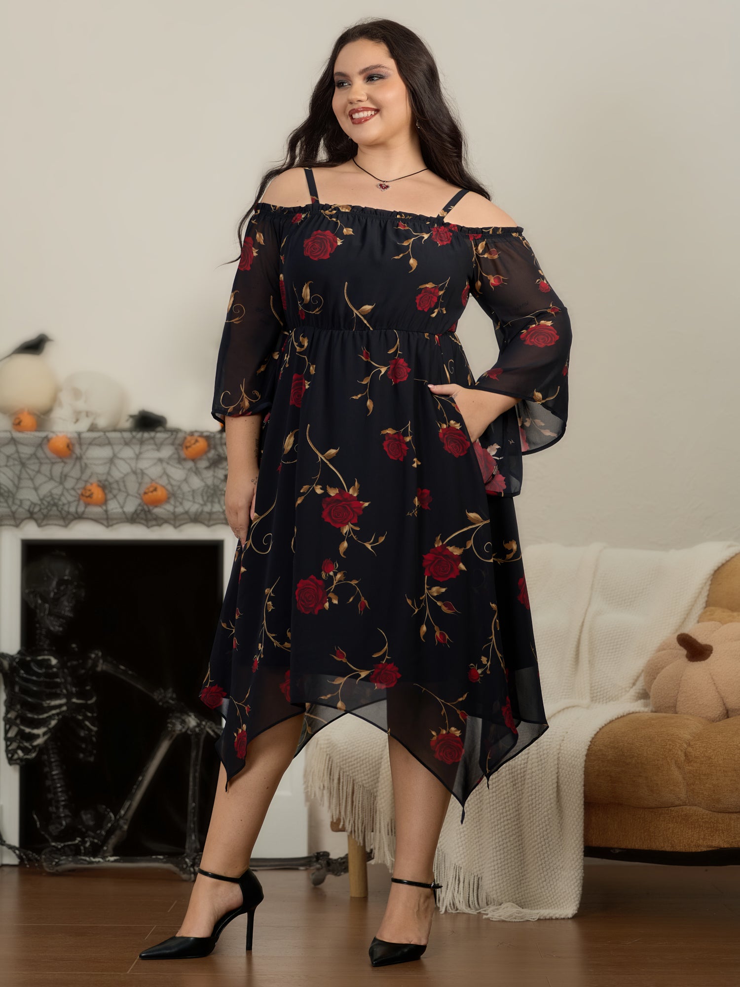 Rose Print Cold‑Shoulder Flare Sleeve Maxi Dress