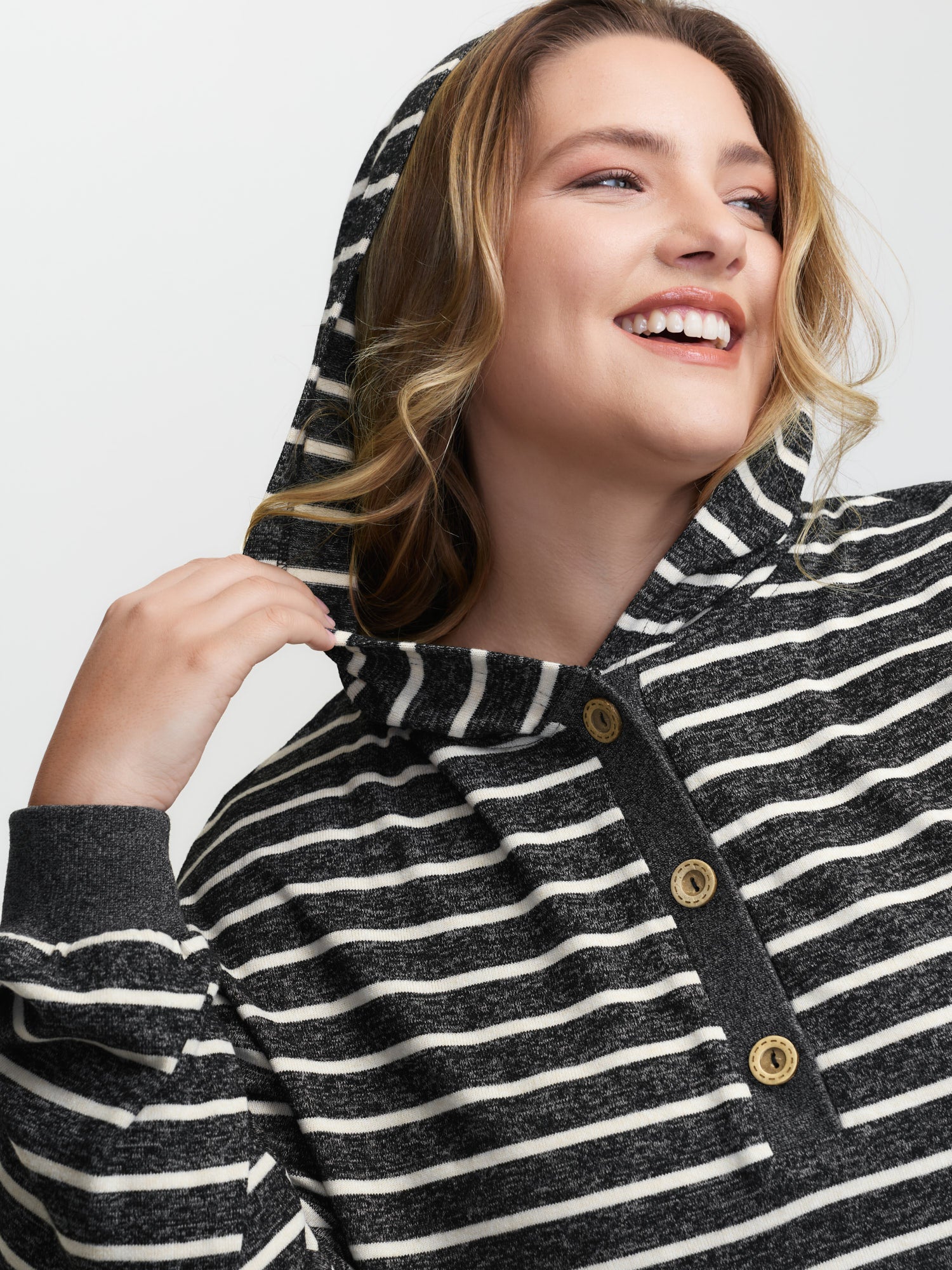 Striped Color Contrast Button Hoodie