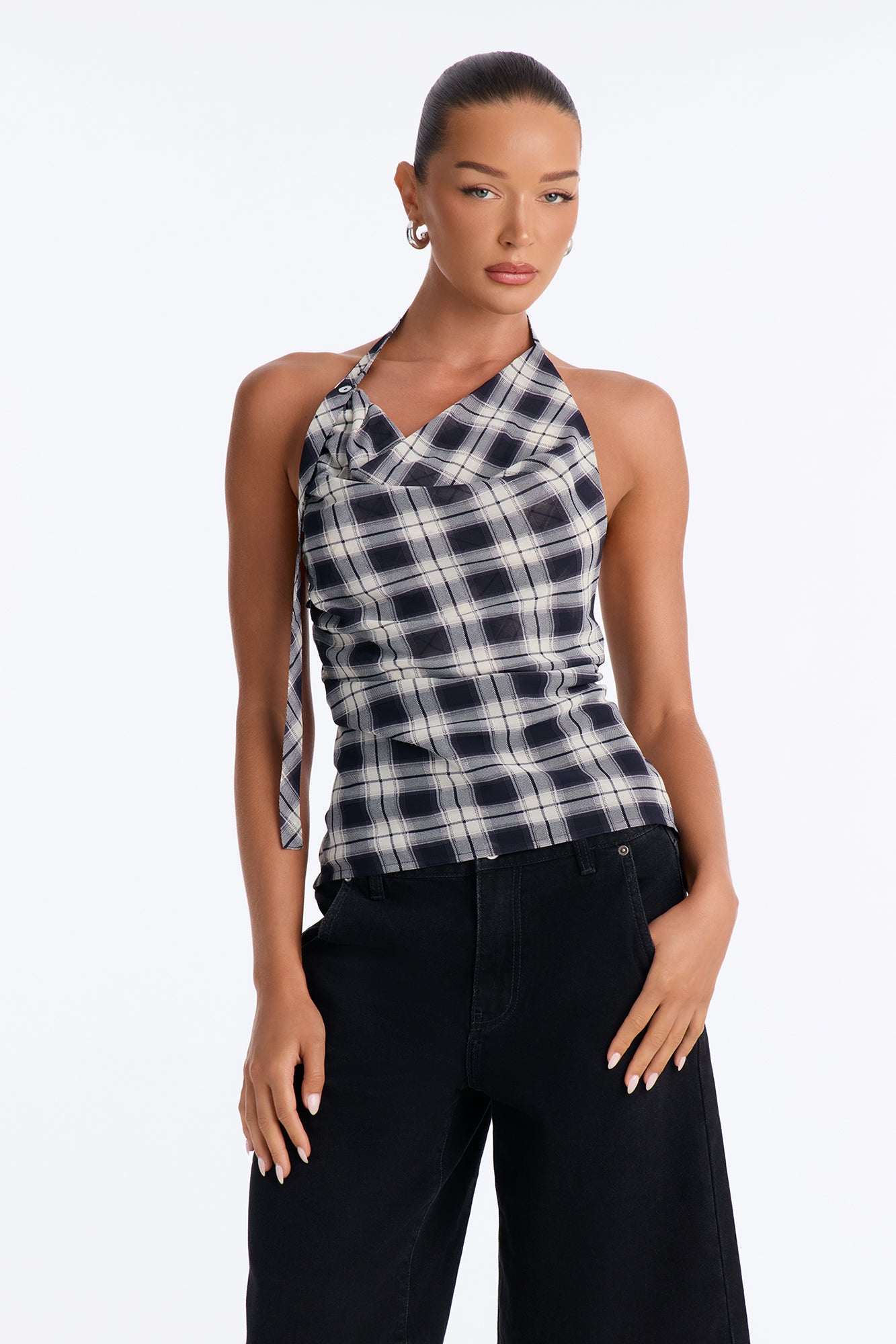 Hazy Evenings Plaid Halter Top - Navy/combo