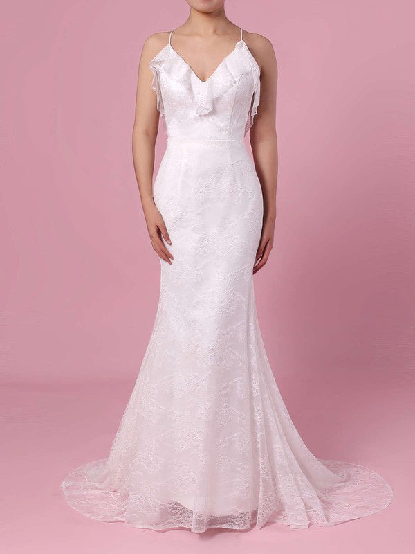 Gorgeous Mermaid V-Neck Sleeveless Lace Wedding Dresses with Sweep Train