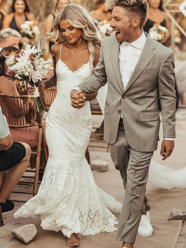 Stunning Trumpet V-Neck Spaghetti Straps Lace Court Train Wedding Dresses