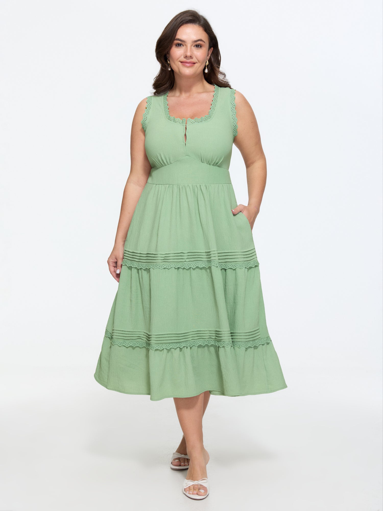 Lace Trim Ruffled Tiered Sleeveless Midi Dress