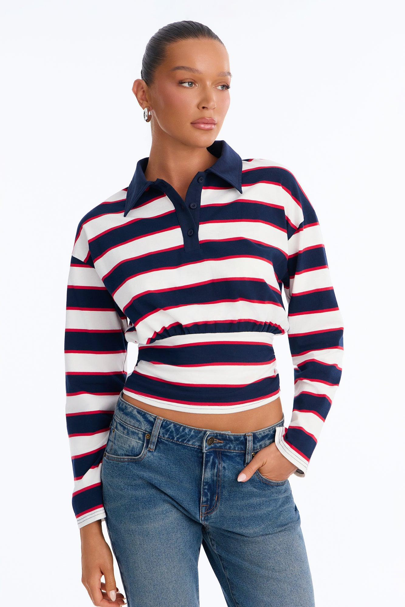 Caroline Striped Cinched Waist Long Sleeve Polo - Navy/combo