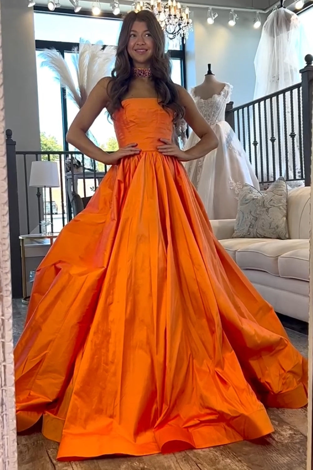 Stylish Orange Strapless Satin Long A-Line Prom Gown