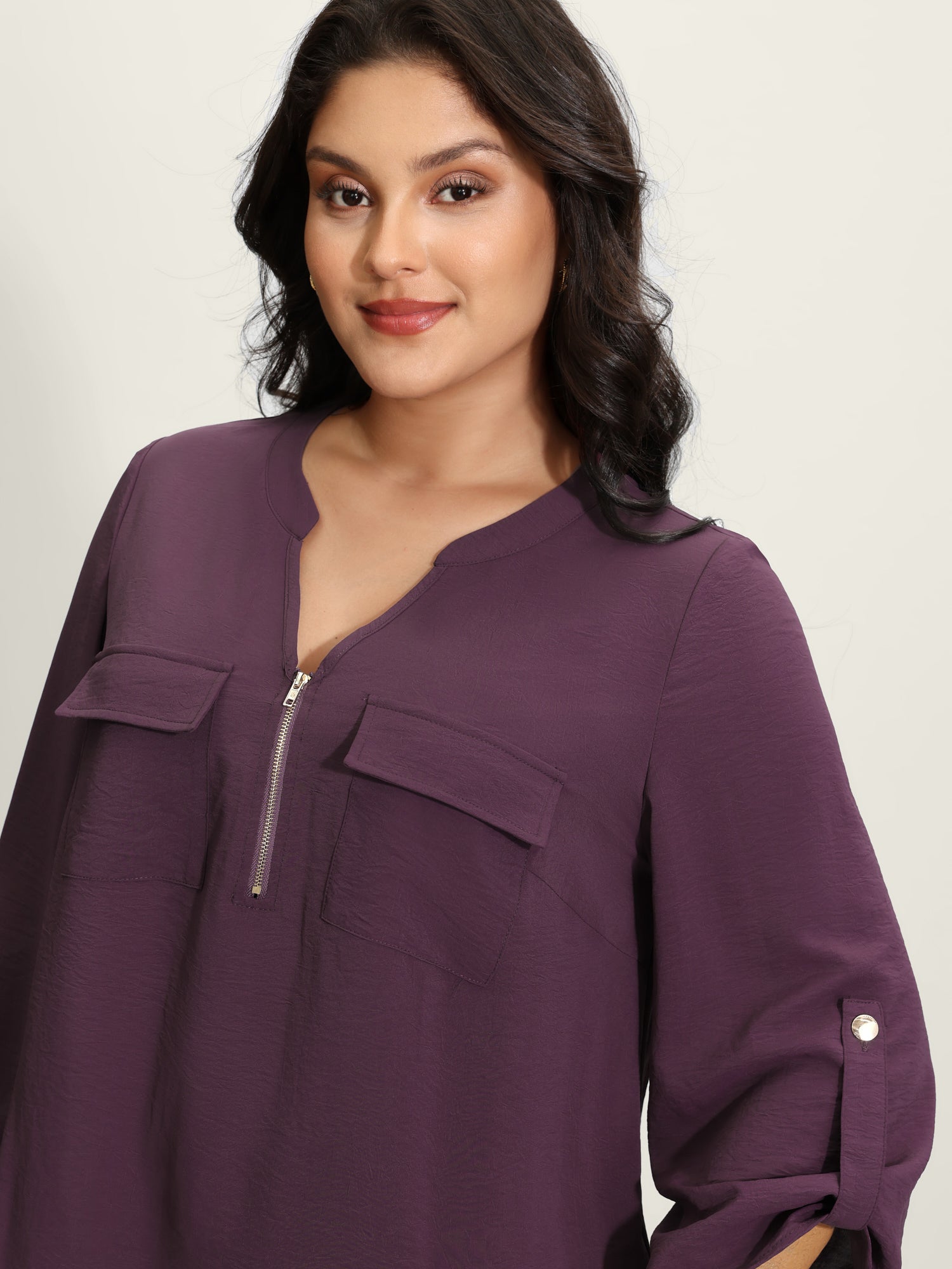 Half Zipper Tab Sleeve Blouse