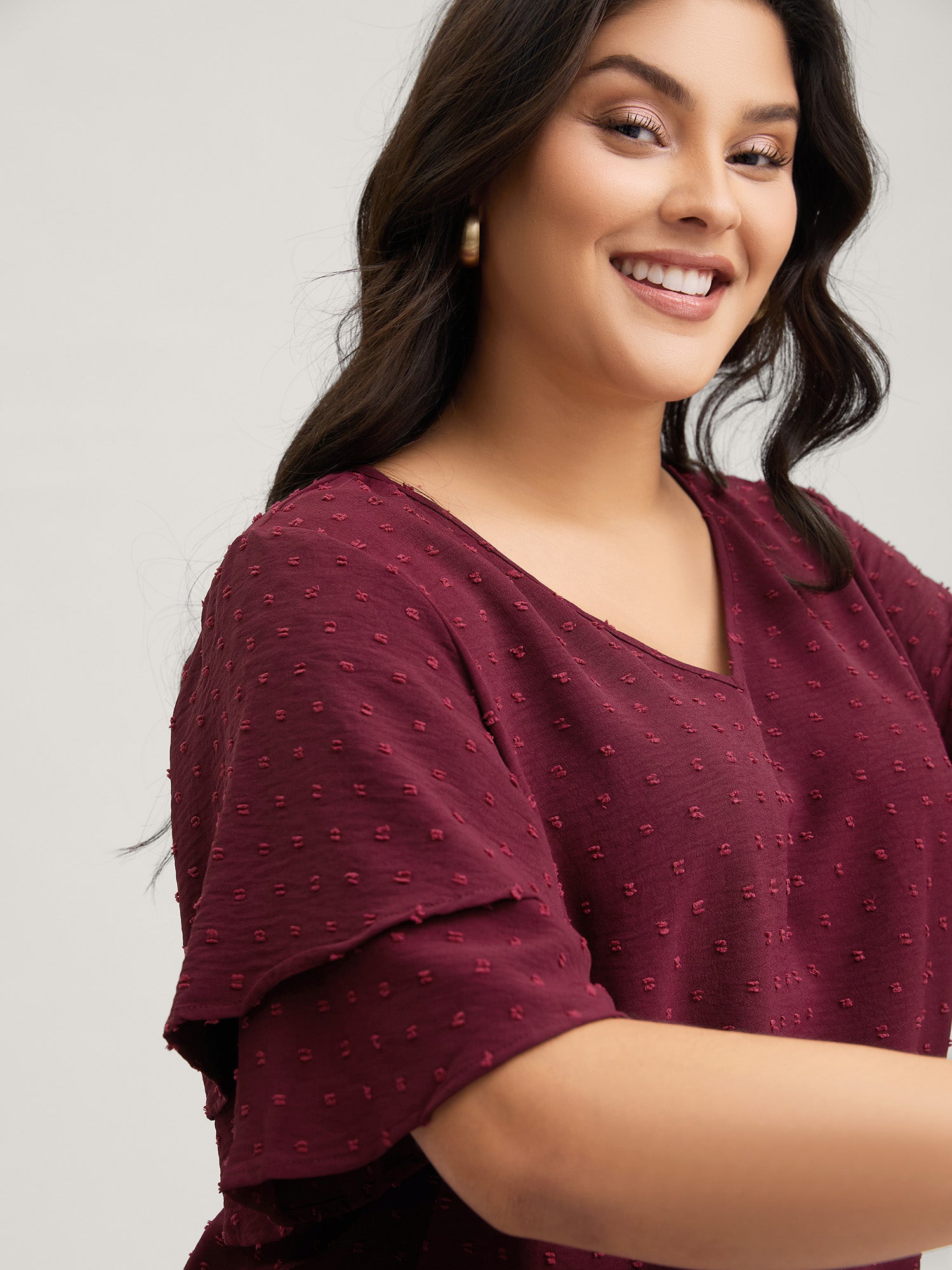 Plain Ruffle Tiered Sleeve V Neck Polka Dot Blouse