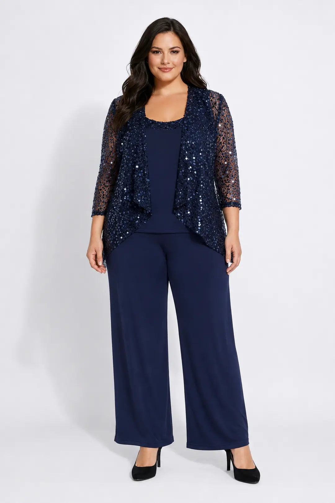 Beaded Jersey Long Sleeve Scoop Neck Pantsuit