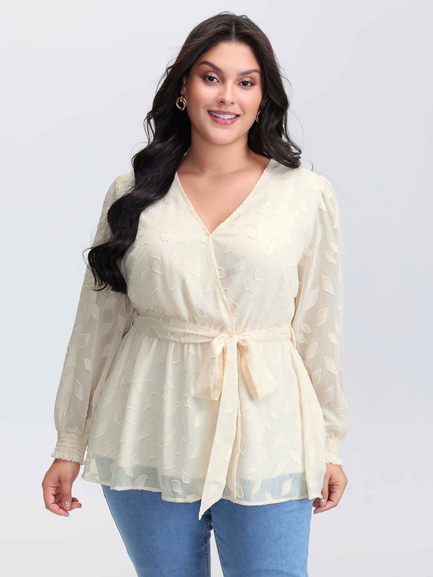 Sheer Chiffon Textured Waist-Tie Blouse