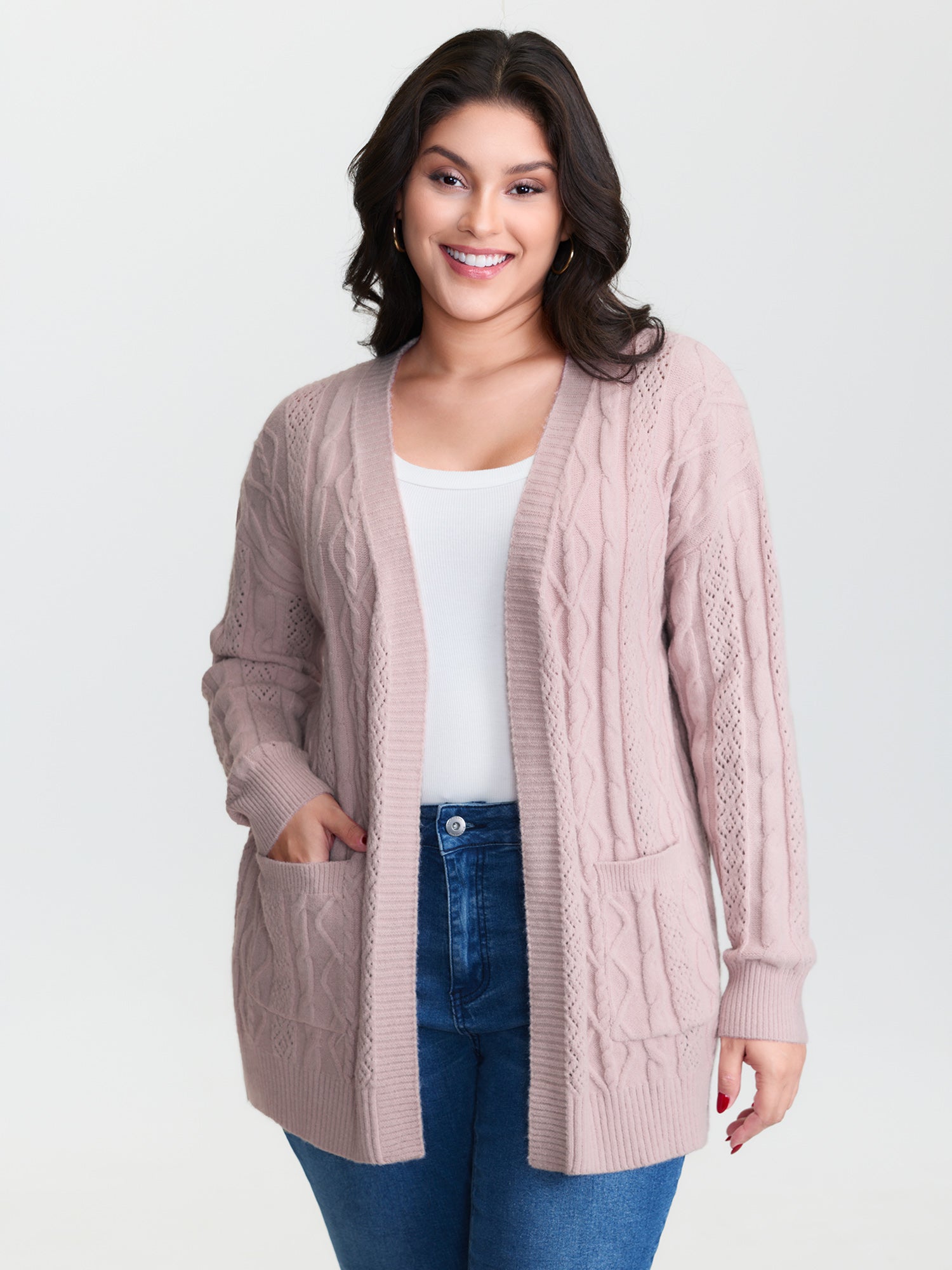 Textured Cut-Out Open-Front Knit Cardigan