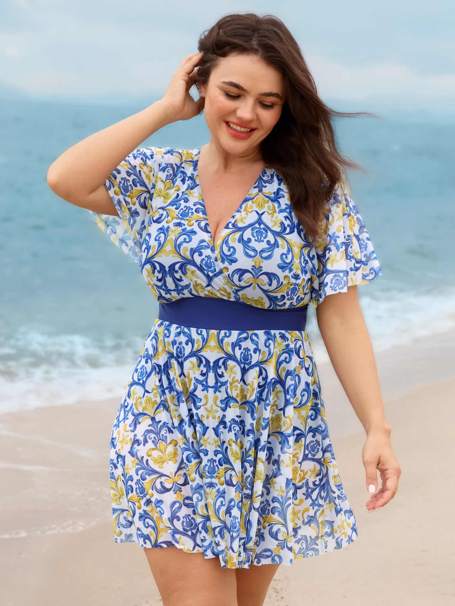 Ornate Print Hips Coverage Swim Dress