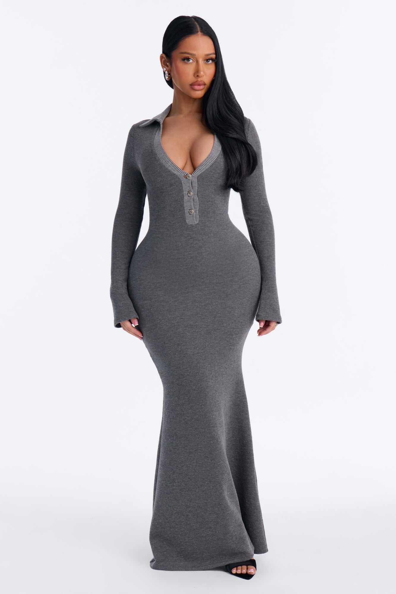 Melanie Waffle Knit Long Sleeve Maxi Dress - Charcoal