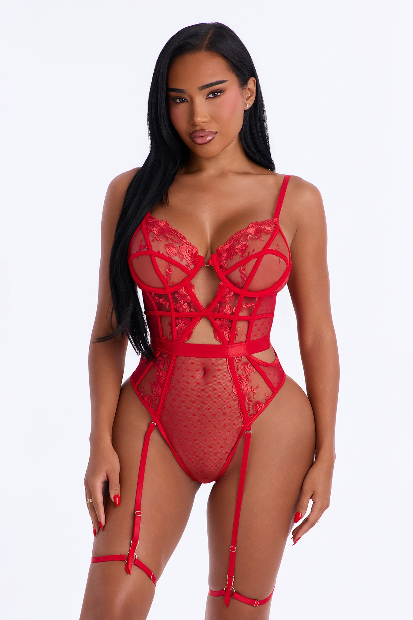 After Dark Mesh Embroidered Teddy With Garter Straps - Red
