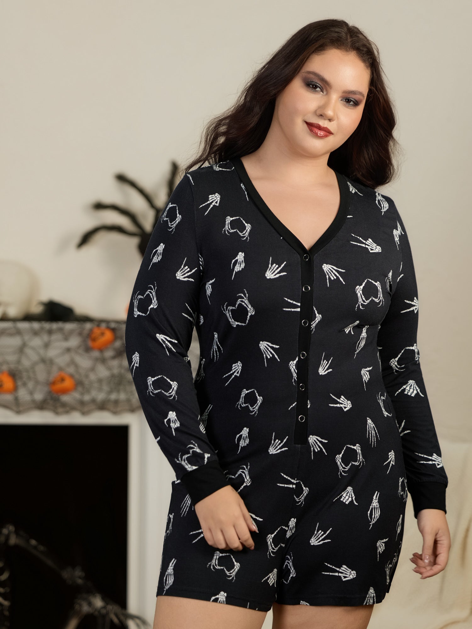 Supersoft Skeleton Hand Heart Print Button Down Lounge Jumpsuit