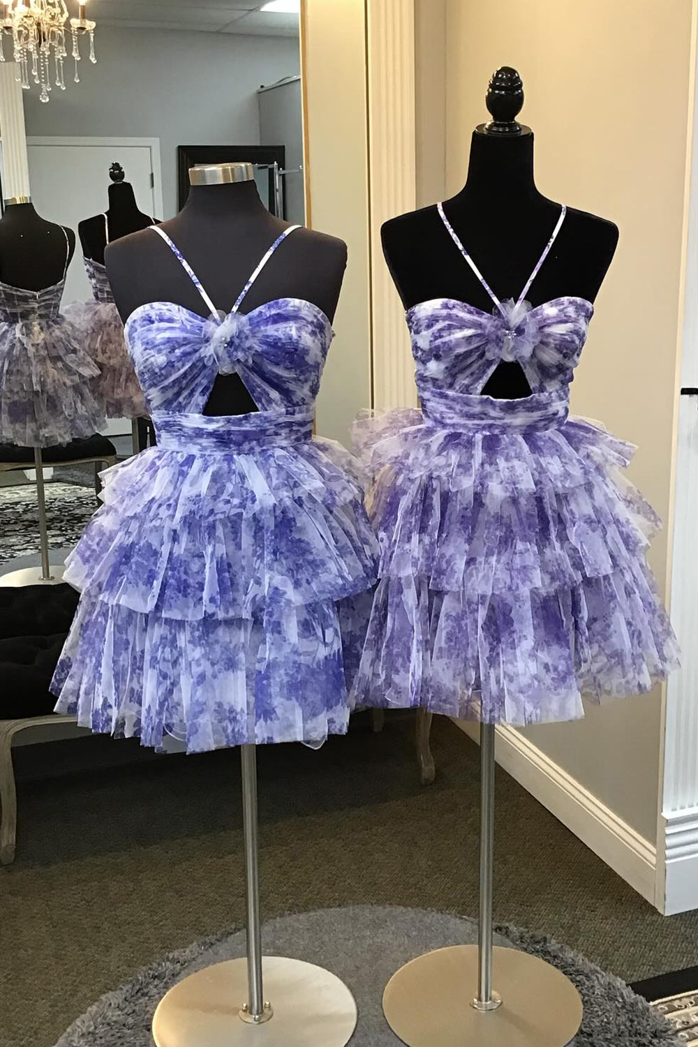 Blue Halter A Line Tiered Floral Printed Homecoming Dress/Mini Dress