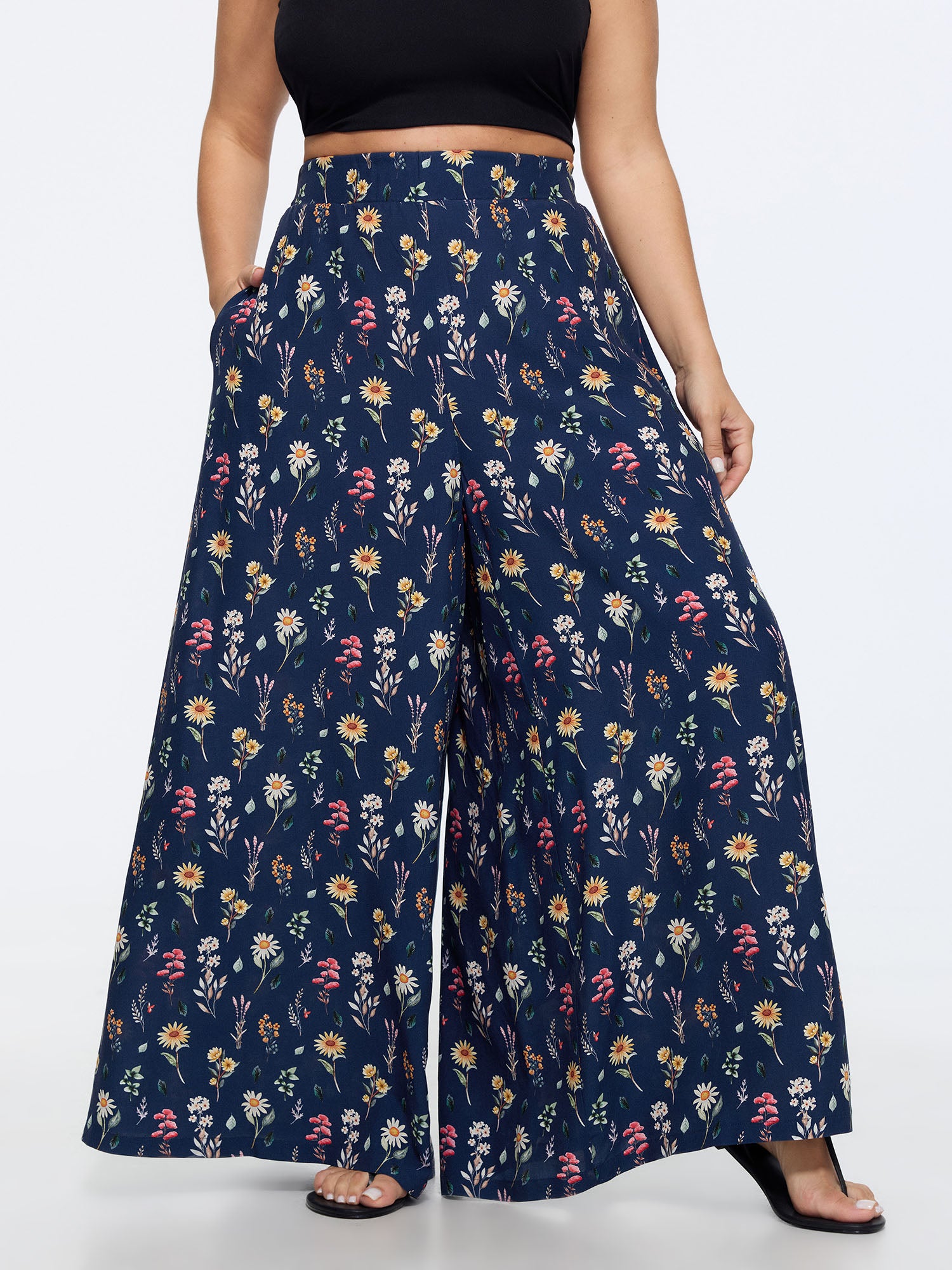 Ditsy Floral Print Stretchy Waist Wide Leg Pants