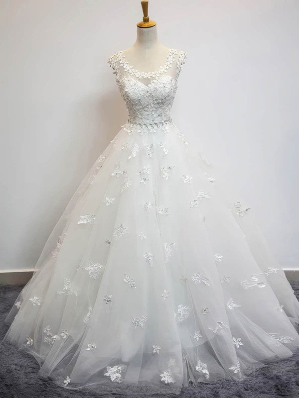 Sexy Scoop Neck Sleeveless Lace Ball Gown Wedding Dresses with Appliques