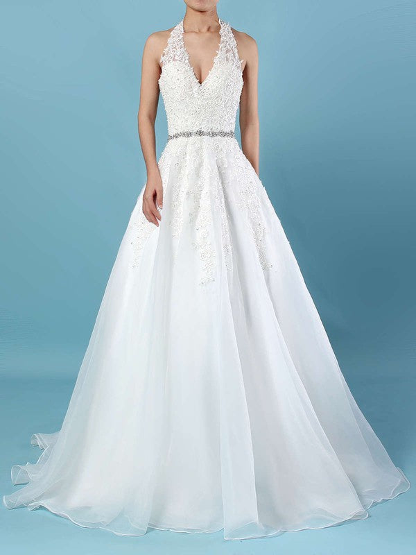 Sexy Deep V-Neck Halter Tulle Ball Gown Wedding Dresses with Sweep Train