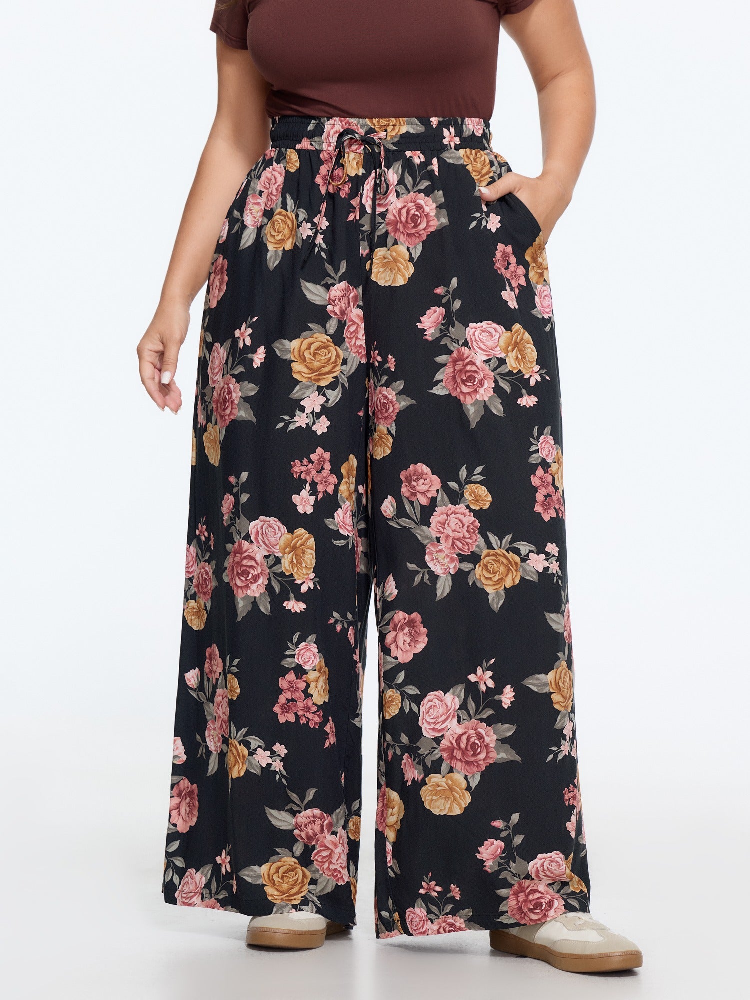 Floral Print Drawstring Waist Wide‑Leg Pants
